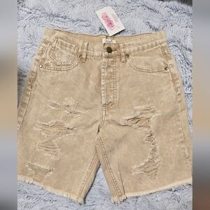 Easel Women's Tan Distressed Denim Shorts NWT